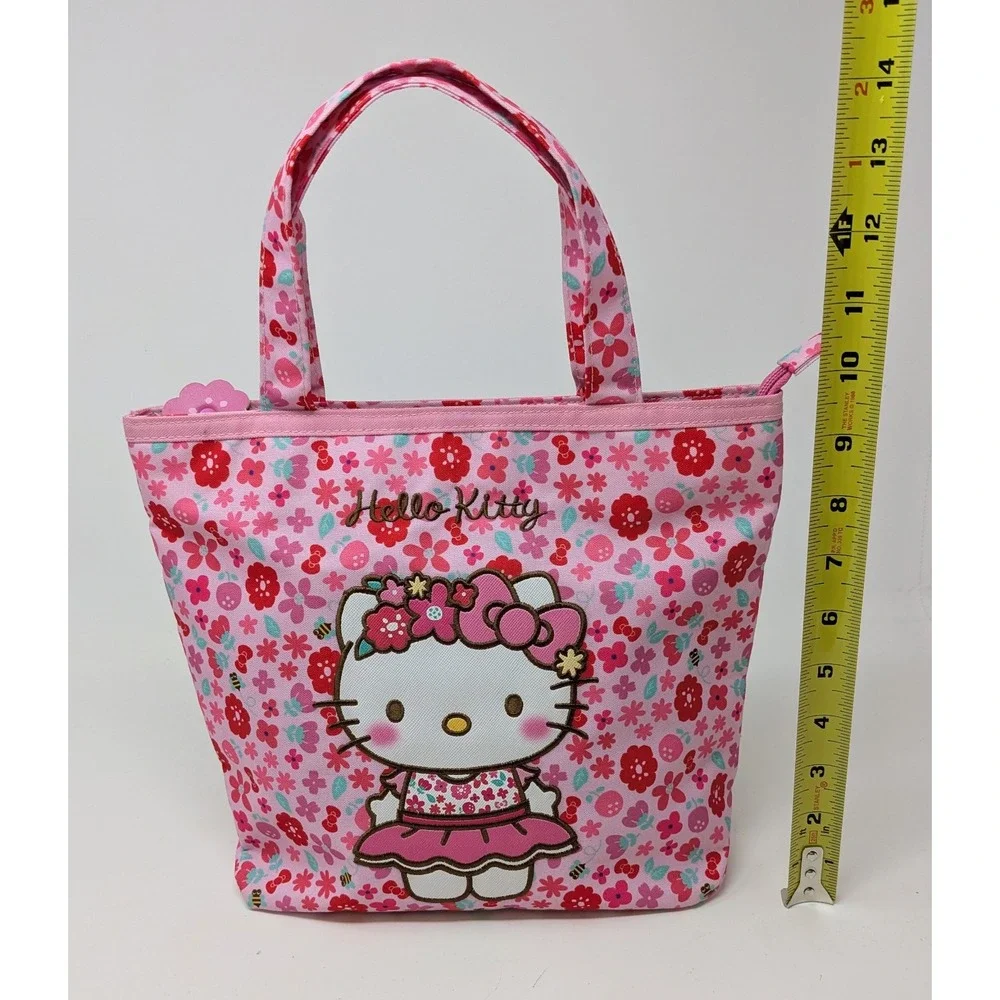 Sanrio Hello Kitty Hand Bag Purse Small Canvas Tote Pink Floral Flowers Kawaii